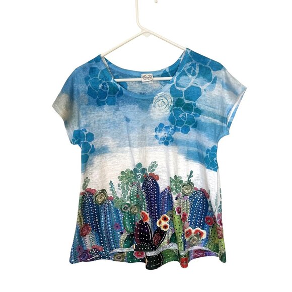 Et Lois Womens Cactus Print Top Shirt Small Blue Multicolor Art to Wear Western - Picture 1 of 8